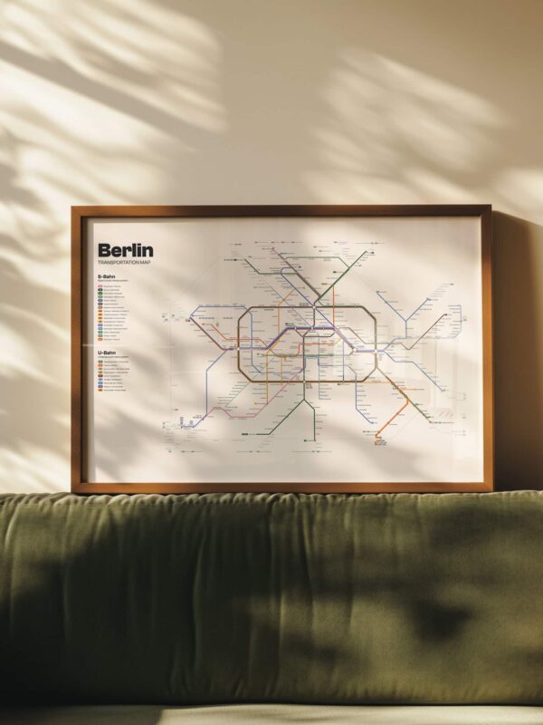 The Berlin Metro Map Print: U-Bahn & S-Bahn Art Poster features a modern print of Berlin’s public transportation map, displayed in a framed design, highlighting the network's various lines and stations.