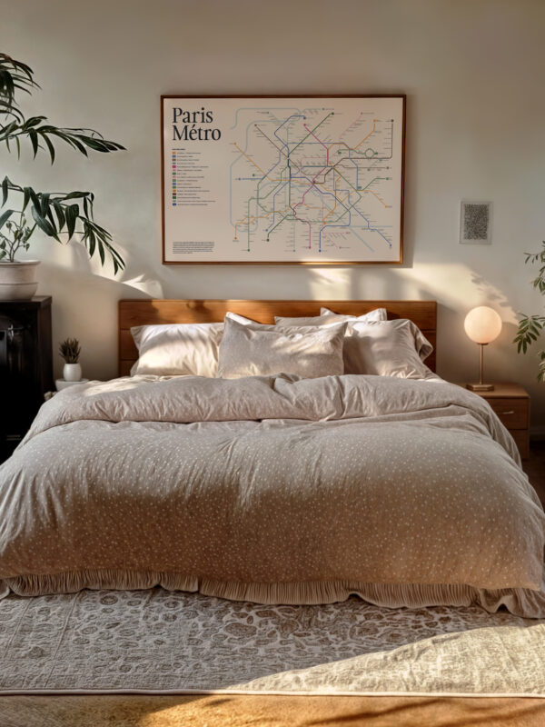 The Paris Metro Map Print is displayed prominently above a bed, featuring a colorful design of the Paris subway map. The bedroom has warm tones, plants, and a cozy aesthetic, showcasing this unique Paris art piece as a focal element.