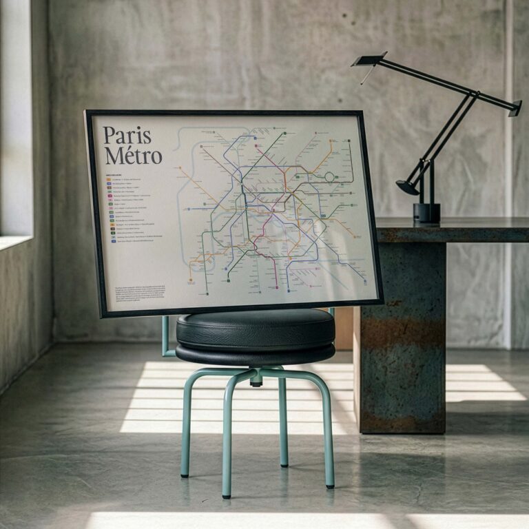 The Paris Metro Map Print features a detailed map of the Paris subway system. It's displayed in a black frame on a chair, showcasing an array of colorful subway lines, with text indicating stations and routes, ideal for Paris map print and travel decor.