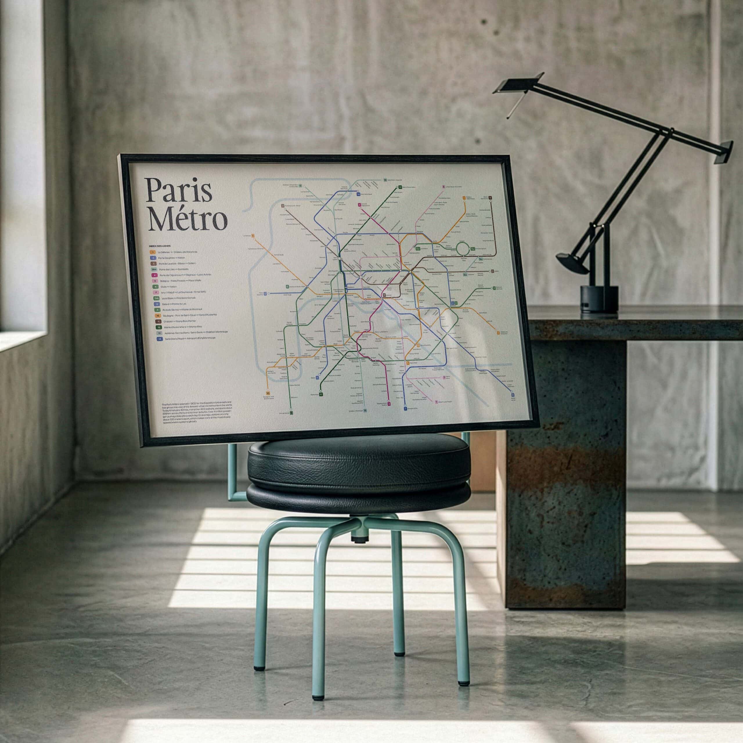 O Mapa do Metrô de Paris para Impressão apresenta um mapa detalhado do sistema de metrô parisiense. Exibido em uma moldura preta sobre uma cadeira, o mapa destaca uma variedade de linhas de metrô coloridas, com texto indicando estações e rotas, ideal para decoração com tema de viagem e para quem aprecia o ambiente de Paris.