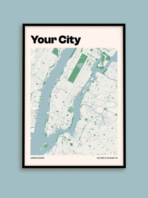 A custom street map poster titled "Your City" in a minimalist design, featuring a light green and white map on a cream background, framed in black. This customizable print is ideal for showcasing specific locations as a unique gift.