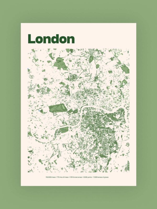The Custom City Map Print of Green Areas features a detailed map of London, showcasing urban nature and greenery in shades of green on a cream background, perfect for incorporating maps into your home décor.