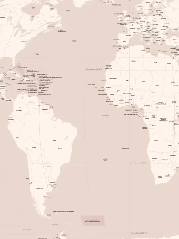 A large wall print of the Equal Earth world map projection in soft beige tones, displaying geographical features and labels for countries and cities, designed for wall decor.