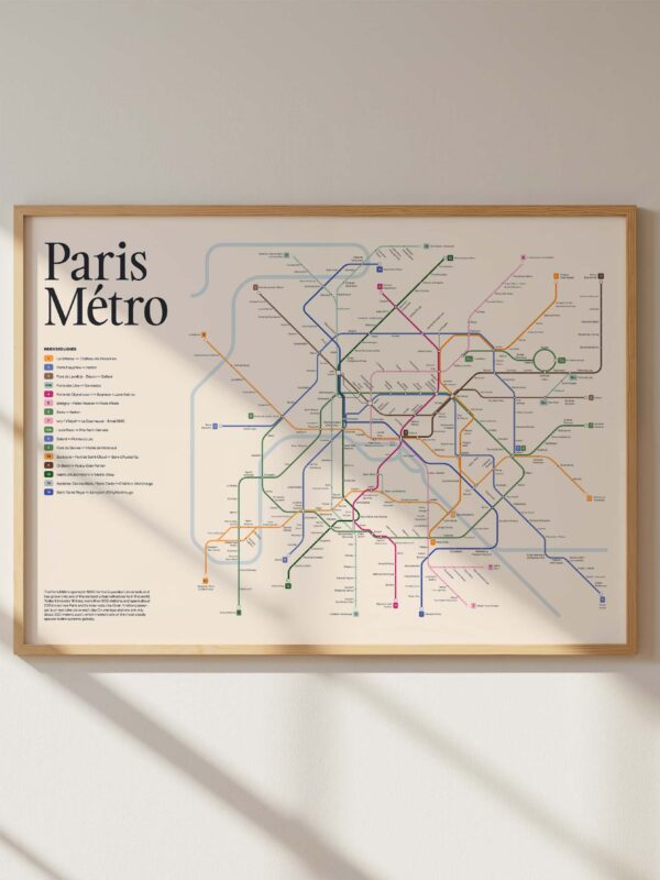 mockup-no255 The Paris Metro Map Print features a detailed graphic of the Paris Metro system, framed with light wood. This Paris subway map poster is a stylish addition for Paris travel posters or as a Paris gift print.