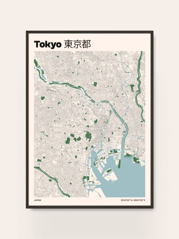 tokyo-city-map Tokyo City Map Print, featuring a detailed map print of Tokyo, Japan, with green and grey tones. Ideal as a Tokyo poster or wall art, this Tokyo map art makes a unique gift for anyone interested in Japan or Tokyo city art.