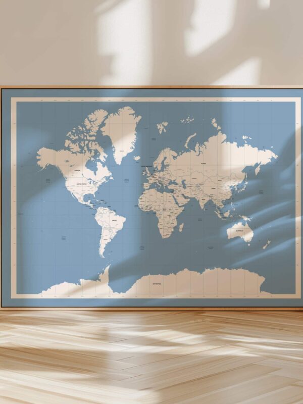 World Map Wall Art Blue Poster Monochromatic