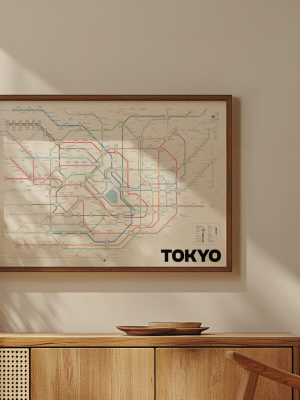 The Tokyo Subway Print, featuring a colorful and detailed map of the Tokyo subway system, framed in a wooden frame, displayed on a light wall above a wooden furniture piece.