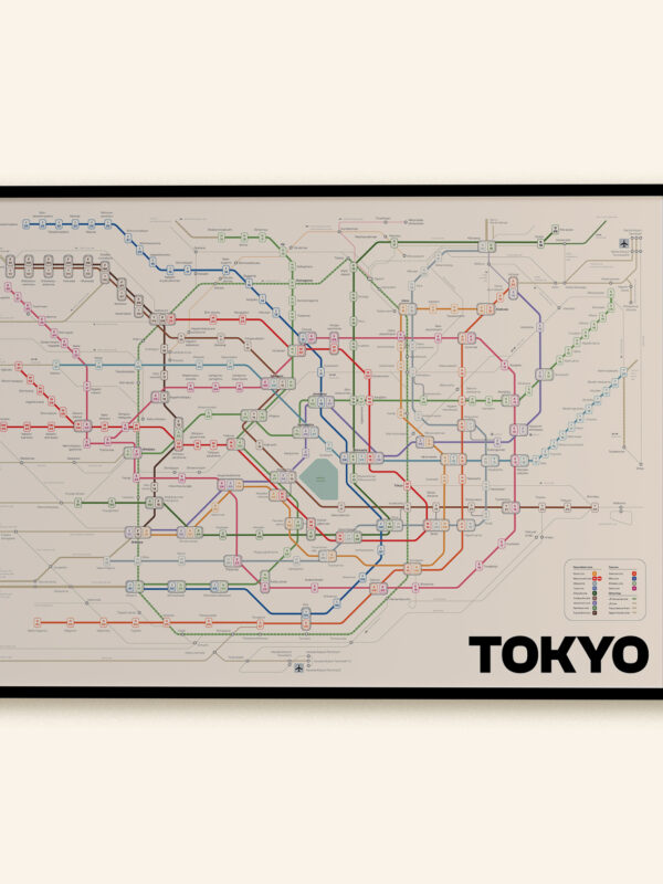 The Tokyo Subway Print features a detailed map design in various colors on a light background, with 'TOKYO' prominently displayed in black at the bottom. Suitable for wall decor.