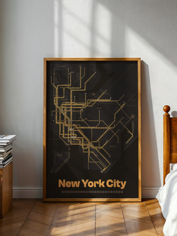 The New York City Subway Map Monochromatic Poster features a black background with gold subway lines and labels, presented in a wooden frame. This stylish piece is ideal as New York wall art or a New York gift print.