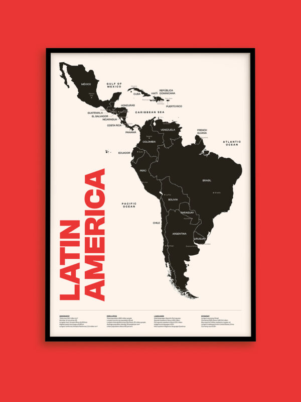 The Latin America Map Poster, a minimal geographic wall art print, features a black map of South and Central America on a cream background, framed in black. It serves as modern home office decor.
