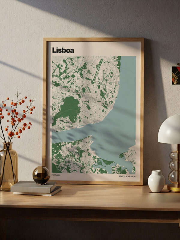 Lisbon City Map Poster featuring a detailed, green and white map of Lisbon, Portugal, framed in a wooden frame, displayed on a tabletop with decorative items and plants, suitable for wall art.