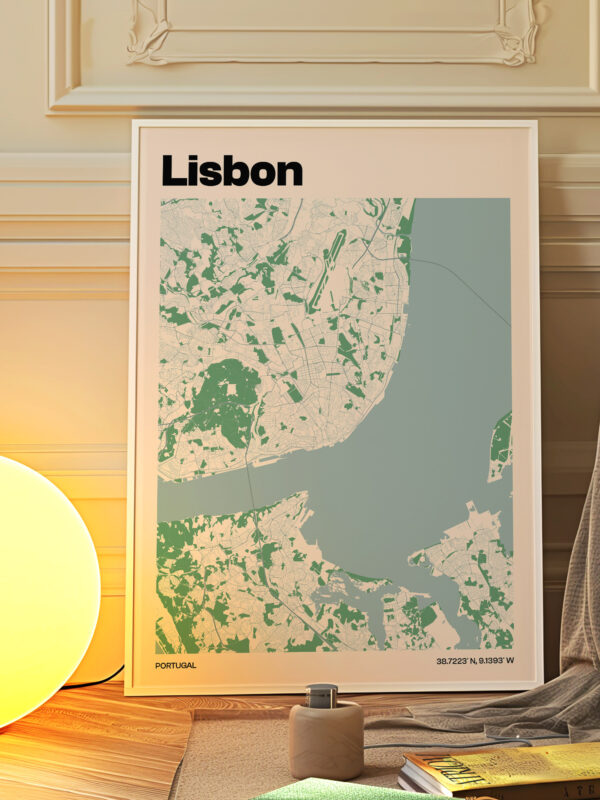 The city map of Lisbon, Portugal, featuring a light green and white color scheme with detailed geographical features, displayed in a minimalist poster frame.