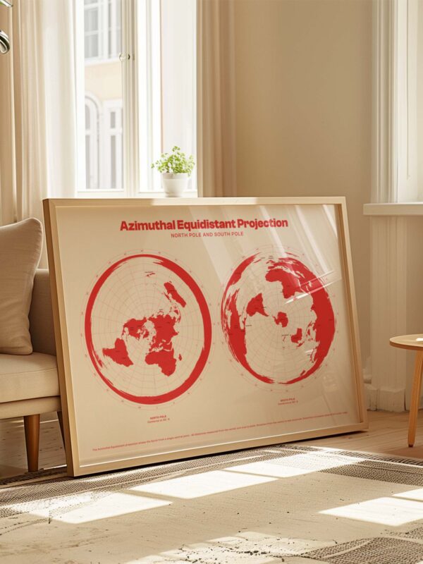 The Azimuthal Projection Poster features a red and white design showcasing both the North and South hemispheres. The poster is displayed in a light wooden frame, suitable for home or office decor.
