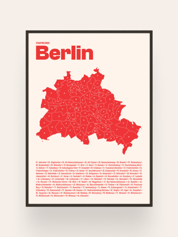 mappa-dei-quartieri-di-berlino-kieze Una mappa stilizzata di Berlino con i contorni dei suoi distretti in rosso su sfondo crema. In alto, la parola "Berlino" è ben visibile in lettere rosse in grassetto. Sotto la mappa, è presente un elenco dei distretti numerati in caratteri neri più piccoli.