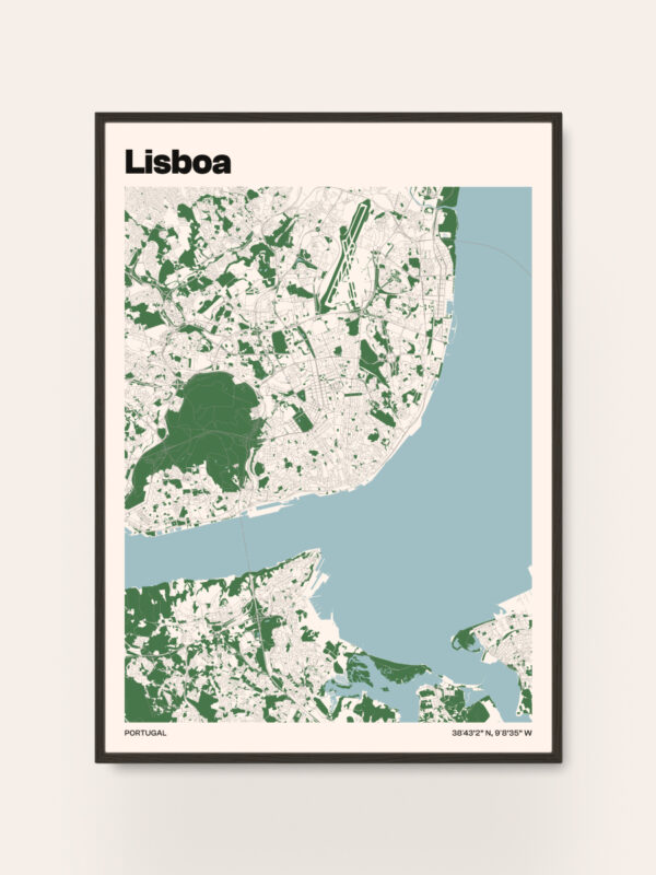 lisbon-city-map Lisbon City Map Poster featuring an illustrated map design of Lisbon, Portugal, in shades of green and white, highlighted with the city name 'Lisboa' at the top. The poster is framed elegantly to showcase the layout of the city and surrounding areas.