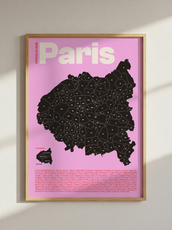 The Poster showcasing the "Paris Departments and Communes of Grand Paris Map" features a black map design on a bright pink background, framed in gold. It highlights the local divisions of the Paris area.