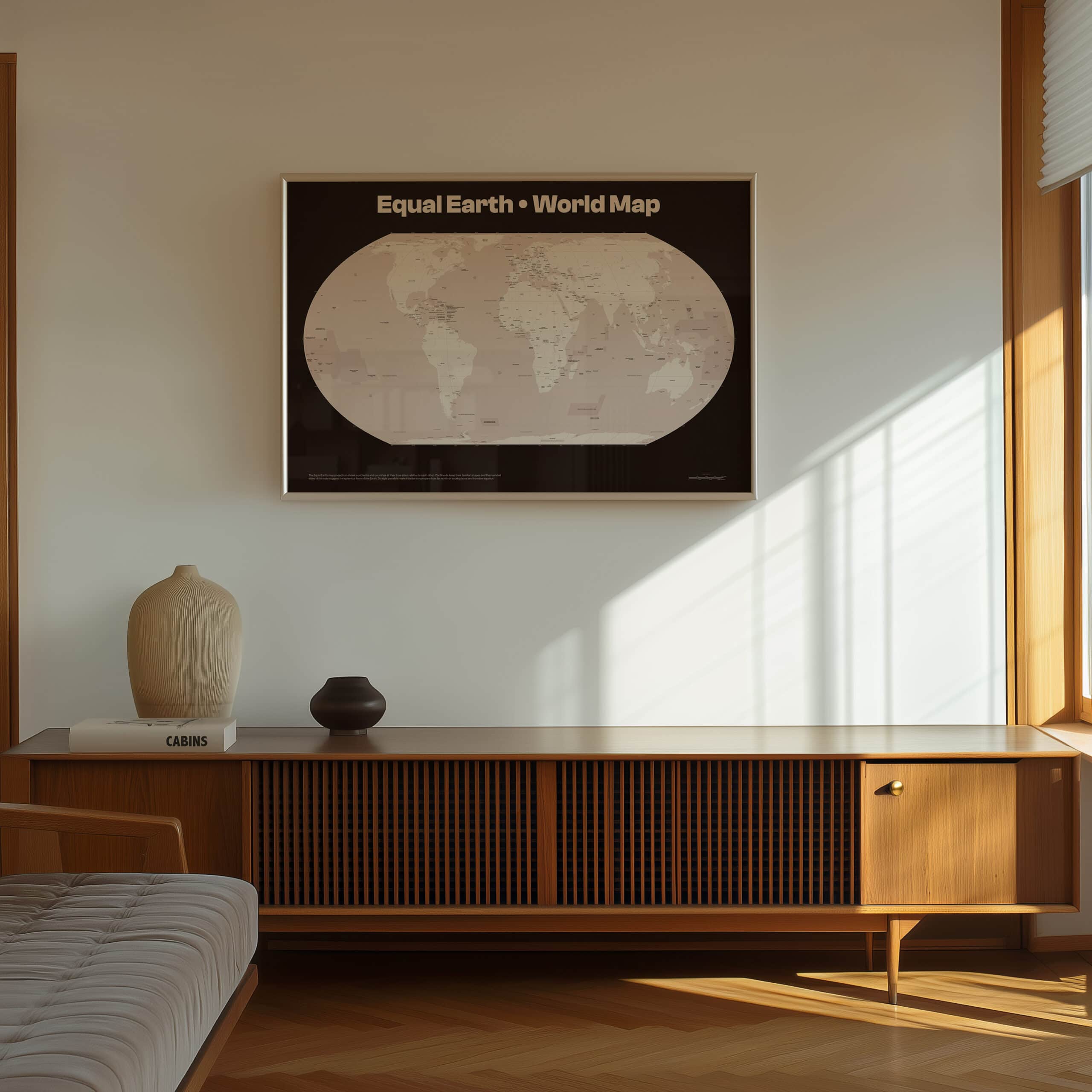 Modern living room with Equal Earth world map print above wooden credenza