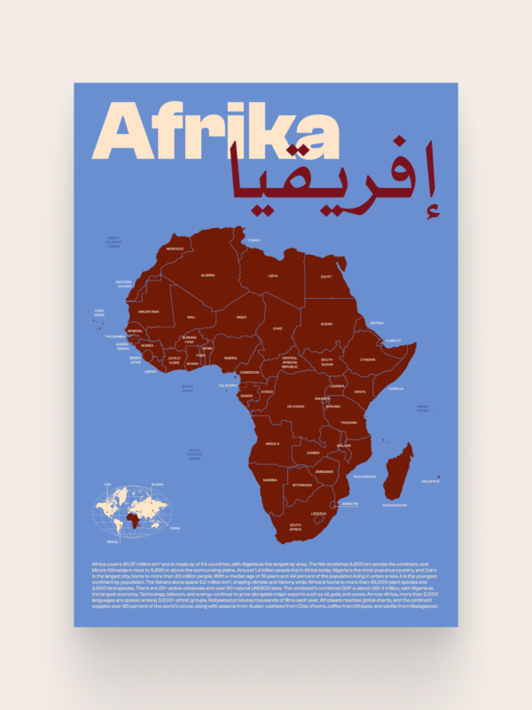 The Africa Map Poster features a detailed map of Africa in shades of brown on a blue background, with the word "Afrika" prominently displayed at the top. This stylish wall art is ideal for educational or decorative purposes.