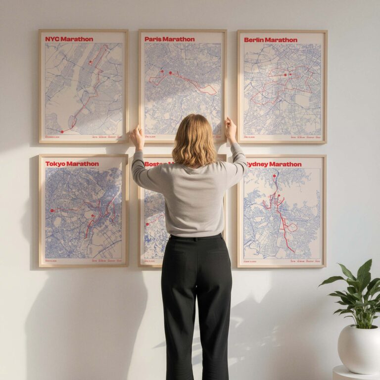 A person standing in front of six framed marathon maps, including NYC, Paris, Berlin, Tokyo, Boston, and Sydney, lining a wall. The individual is admiring the displays while wearing a light top and dark pants, with a plant in the foreground.