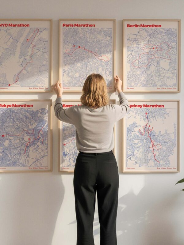 Uma mulher em pé em frente a uma parede com mapas emoldurados de maratonas de cidades como Nova York, Paris, Berlim, Tóquio, Boston e Sydney. Os mapas estão dispostos em formato de grade, com as rotas destacadas em vermelho.