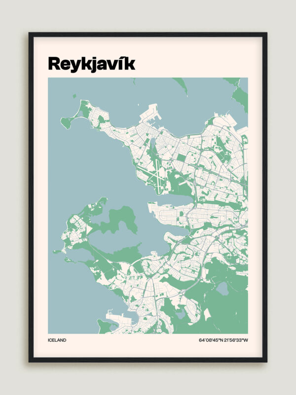 Black_Wood-3 A minimalist map of Reykjavík, Iceland, displayed in a black frame. The map features green land areas and light blue water, with street outlines in white. The title 'Reykjavík' is prominently displayed at the top.