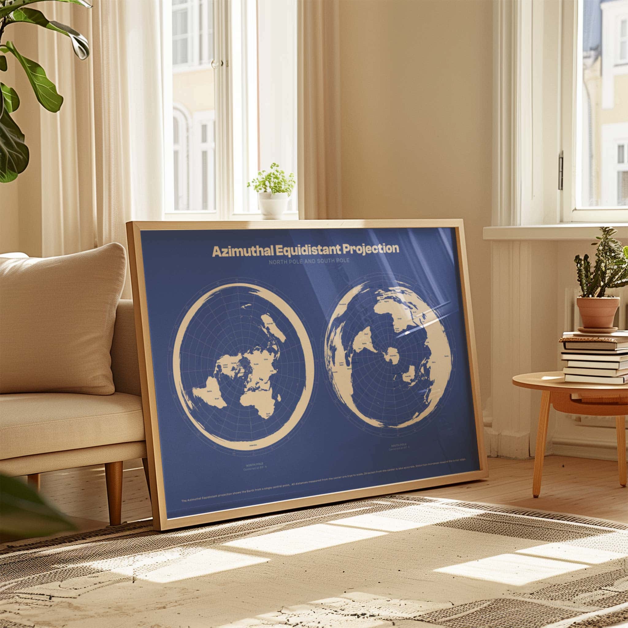 Azimuthal equidistant projection world map print displayed in modern living room