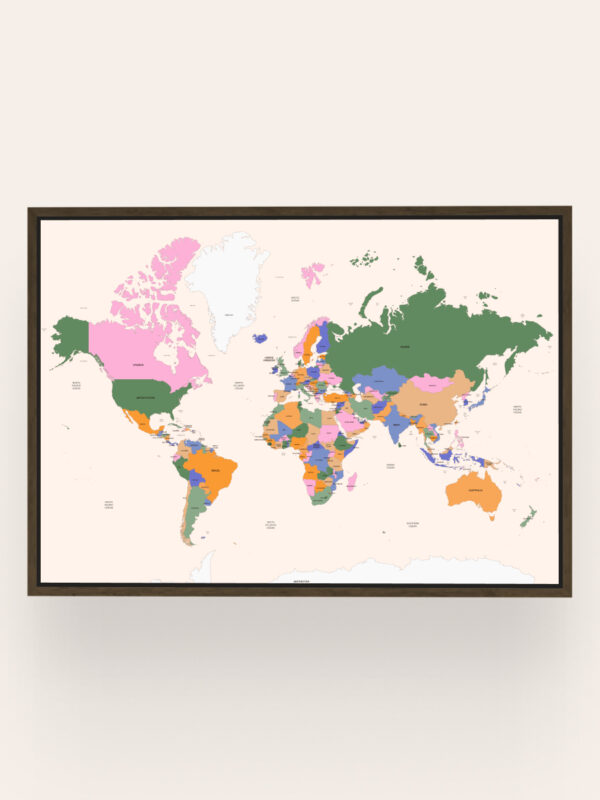Colorful-World-Map A world map displayed in a frame, featuring various countries in different colors on a light background. The map highlights continents and regions with distinct shades.