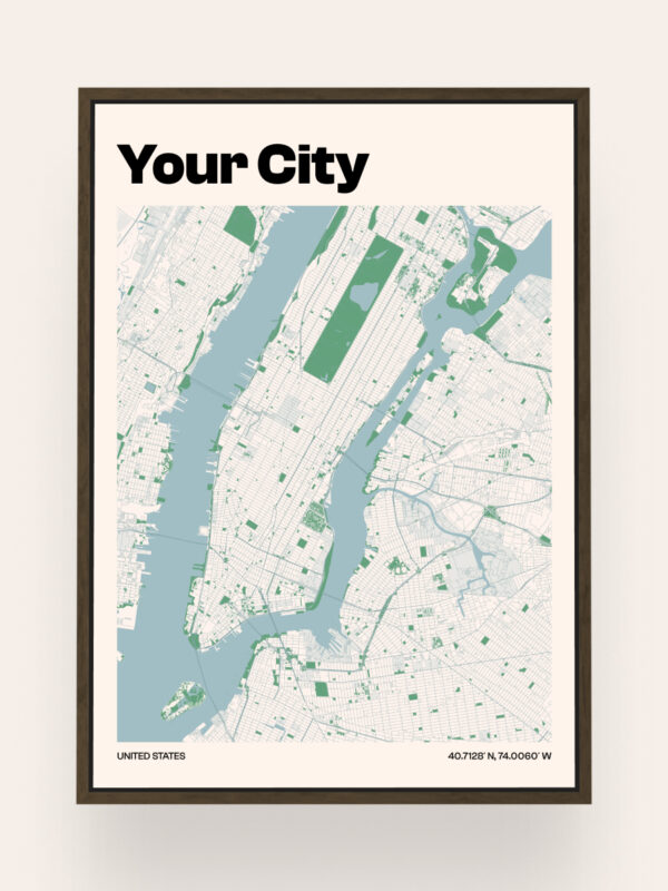 Custom-City-Map-2 A framed map of a city in the United States, featuring light green areas and road outlines. The top includes the text "Your City" in bold, and coordinates are displayed at the bottom.