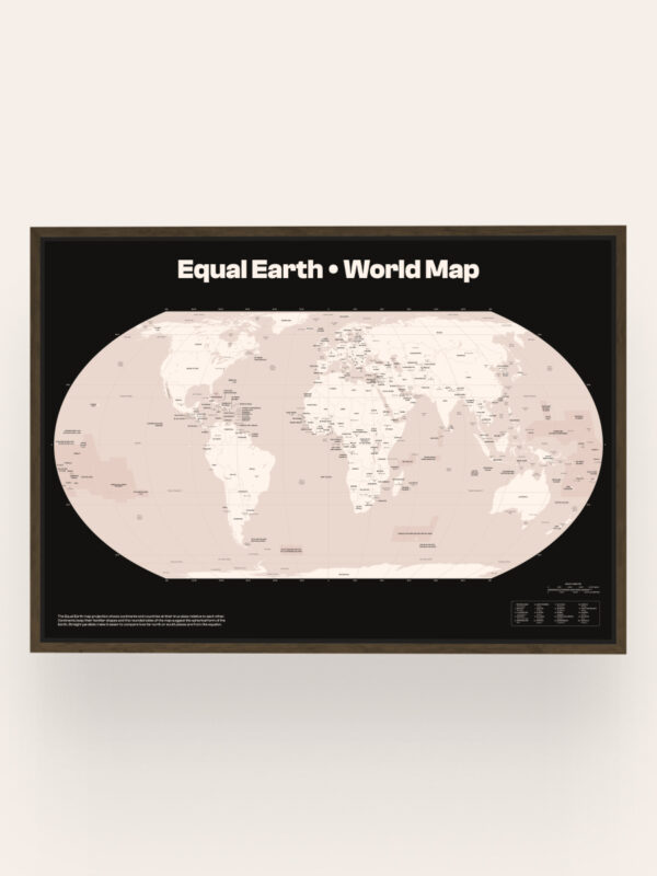 Equal-Earth-World-Map A framed world map in the Equal Earth projection style, featuring countries labeled in light colors on a dark background. Titles and a legend are displayed at the bottom.