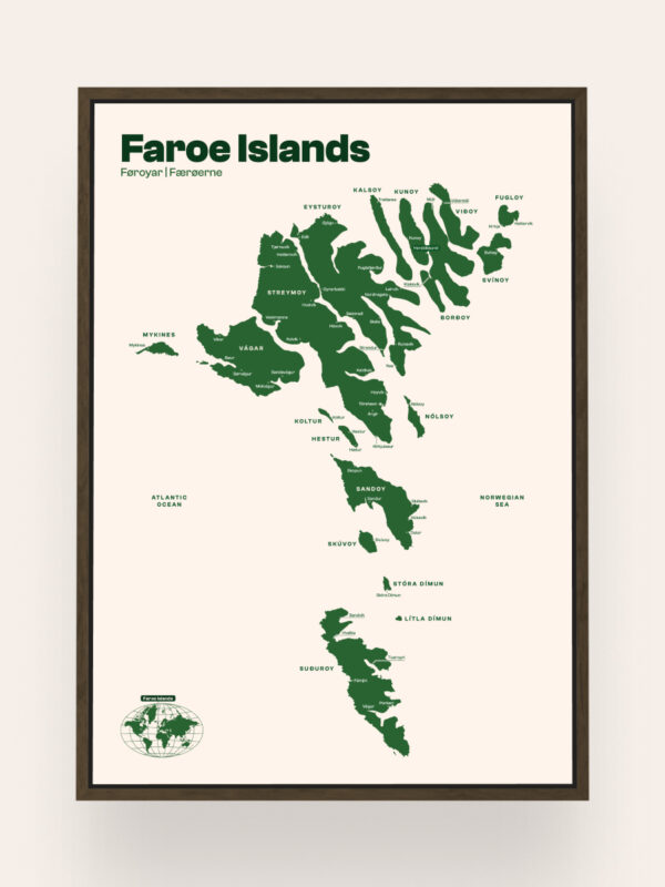Faroe-Islands A map of the Faroe Islands, featuring green topographical details against a beige background. The map includes the names of various islands and geographical features, highlighting the islands' layout and major locations.