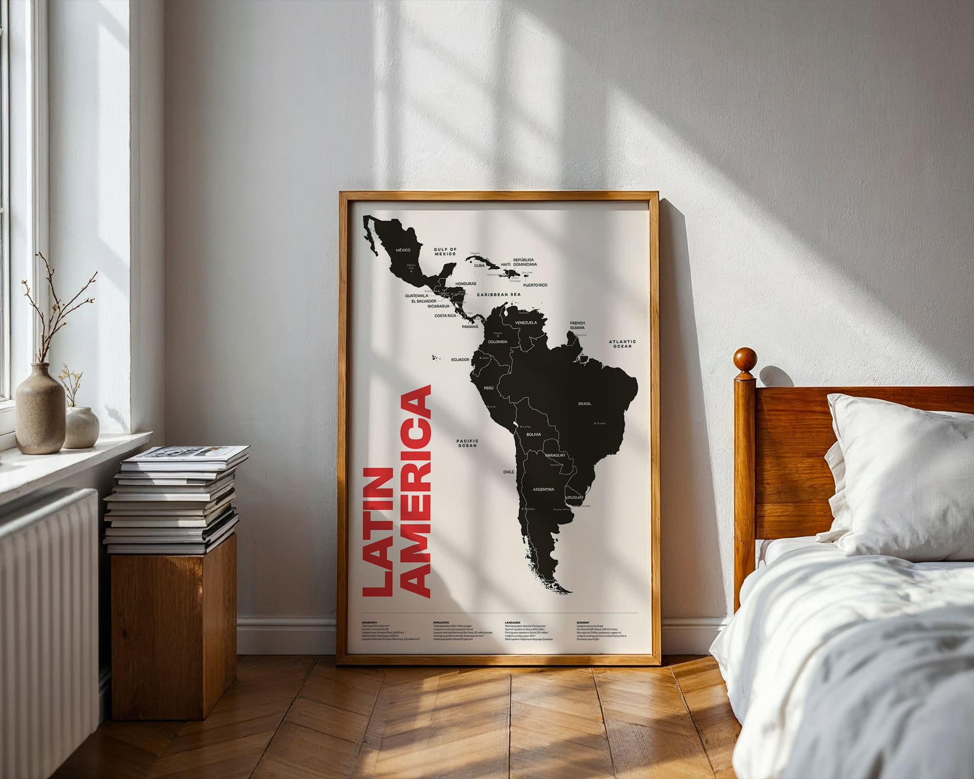 Framed Latin America map print displayed in modern bedroom interior
