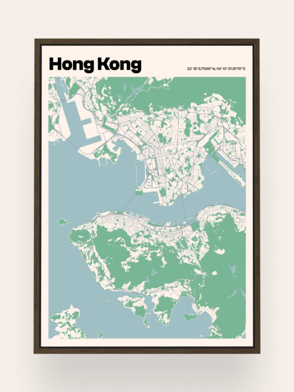 Hong-Kong A stylized map of Hong Kong featuring green land areas and blue water bodies. The map is framed with a black border, and the title "Hong Kong" is prominently displayed at the top in bold letters.