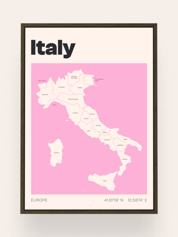 Italy A framed map of Italy on a pink background, highlighting its geographic features and regions. The title "Italy" is prominently displayed at the top.