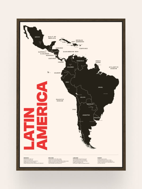 Latin-America A framed map of Latin America in black, featuring country names and borders, with the text 'LATIN AMERICA' in bold red letters on the left side.