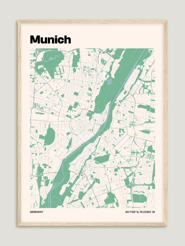 Light_Wood-3 A framed map of Munich, Germany, featuring light green and white details. The map displays streets, parks, and bodies of water with labels for orientation, and includes coordinates at the bottom. The overall design emphasizes minimalism.