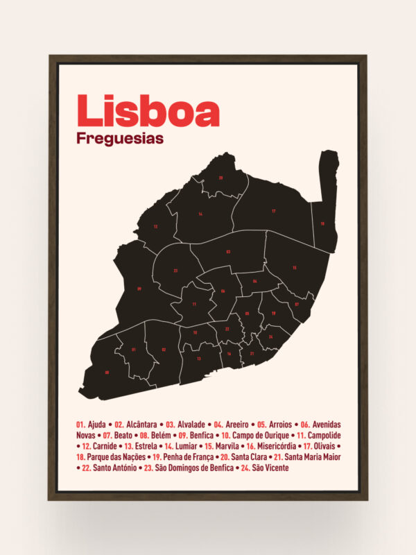 Lisboa-Freguesias A stylized map of Lisbon, Portugal, showing its freguesias (administrative districts) in black with red dot markers. The title "Lisboa Freguesias" is prominently displayed at the top, along with a numbered list of the freguesias.