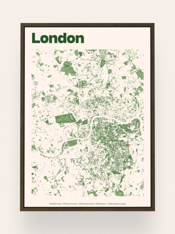 London-Green-Spaces A framed map of London displayed on a pale background, featuring a green and white design that highlights various areas and parks of the city.