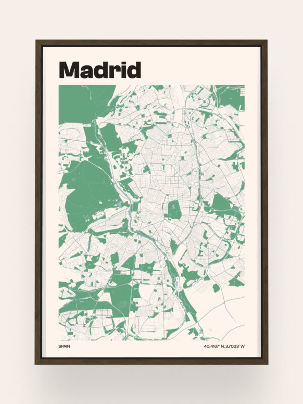 Madrid A framed map of Madrid displayed on a light background, featuring green areas and a minimalist design. The word 'Madrid' is prominently printed at the top, with geographical coordinates noted at the bottom.