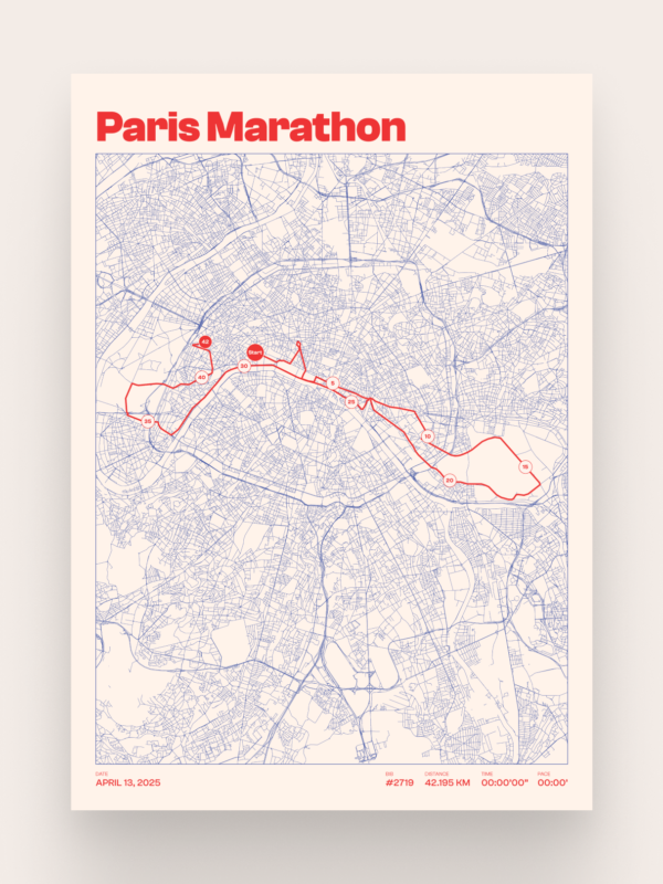 Pôster da Maratona 05 Um mapa do percurso da Maratona de Paris, apresentando um contorno detalhado do trajeto destacado em vermelho sobre um fundo azul com o traçado das ruas da cidade. O título "Maratona de Paris" aparece em destaque na parte superior.