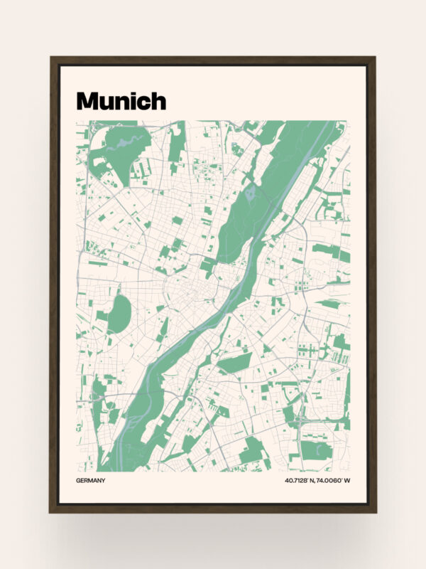 Munich A framed map of Munich, Germany, featuring a light green color scheme. The map outlines streets, parks, and significant landmarks, with coordinates indicated at the bottom. The title 'Munich' is displayed prominently at the top.