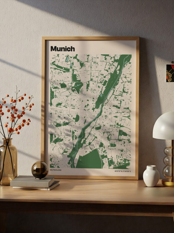 Munich City Map Print featuring a detailed map of Munich in shades of green, framed in natural wood. The print displays street names and notable locations, perfect for home or office decor. Ideal for fans of Munich map print.