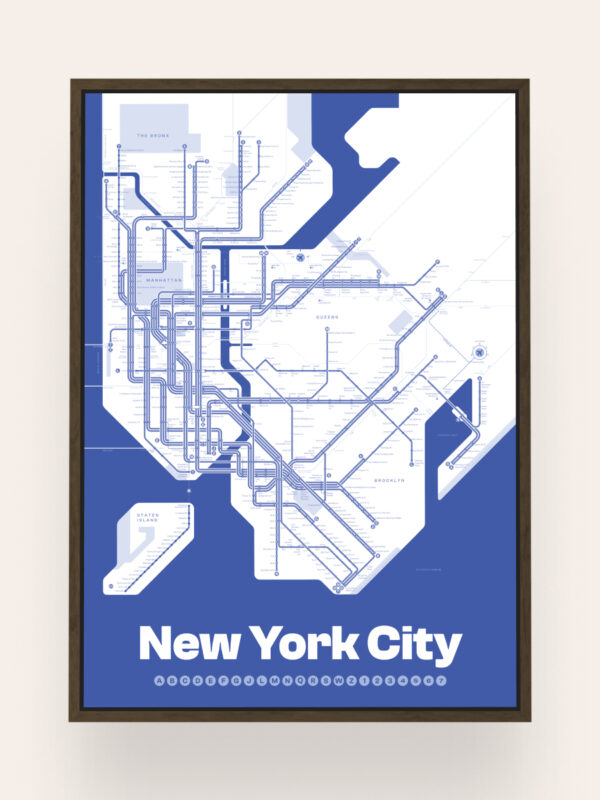 NYC-Subway-Blue A minimalist map of the New York City subway system displayed in blue and white, with the title 'New York City' prominently featured at the bottom.