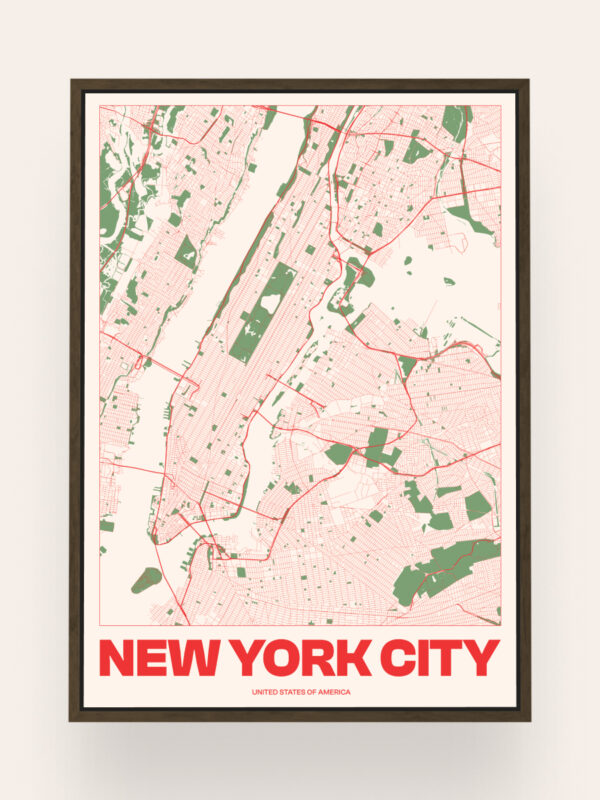 A colorful map of New York City showcasing streets, parks, and geographical features in shades of pink and green, with 'NEW YORK CITY' prominently displayed at the bottom in bold red letters.