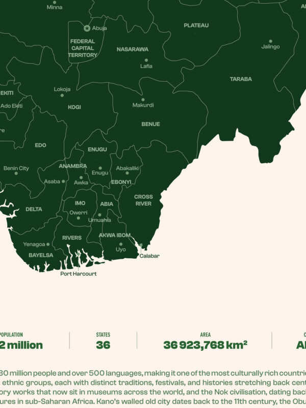 A map of Nigeria highlighting its states in green. Population of over 232 million, 36 states, and an area of 36,923,768 square kilometers. The capital city, Abuja, is indicated.
