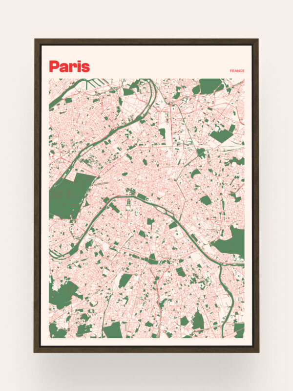 Paris Carte encadrée de Paris, en France, au design stylisé dans les tons verts et roses. Elle représente les rues et les parcs, avec le mot ' Paris ' inscrit en rouge en haut.