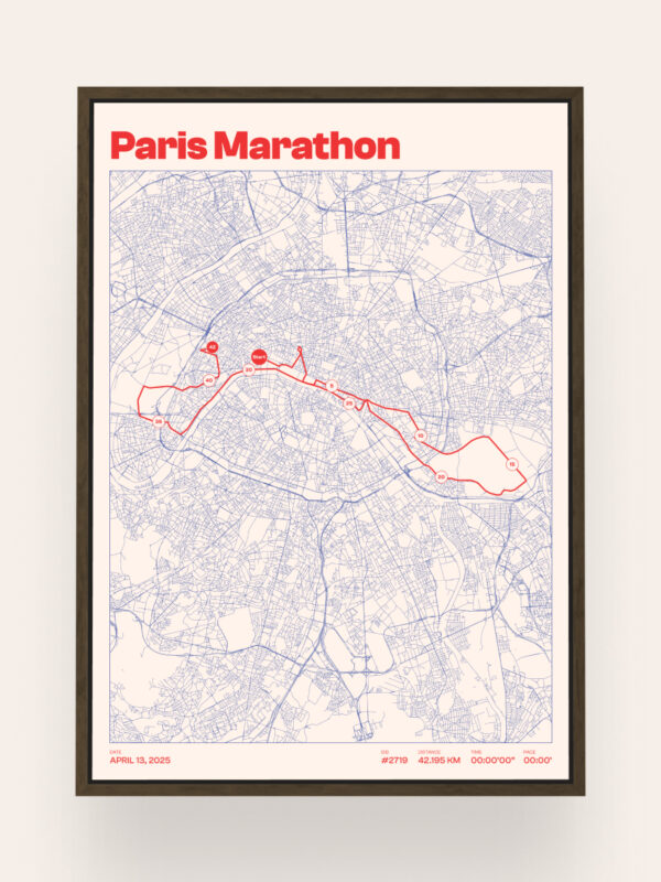A map of the Paris Marathon route, featuring a blue background with a detailed street layout. The marathon path is highlighted in red, showing the course through the city. The title 'Paris Marathon' is prominently displayed at the top.