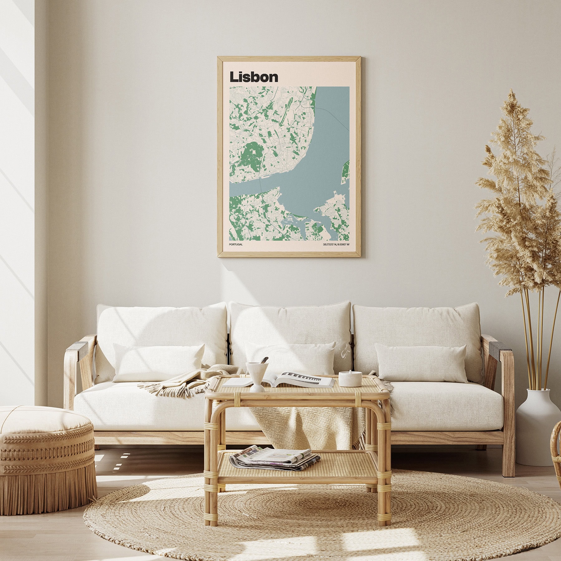 Framed Lisbon map print hanging above neutral sofa in modern living room