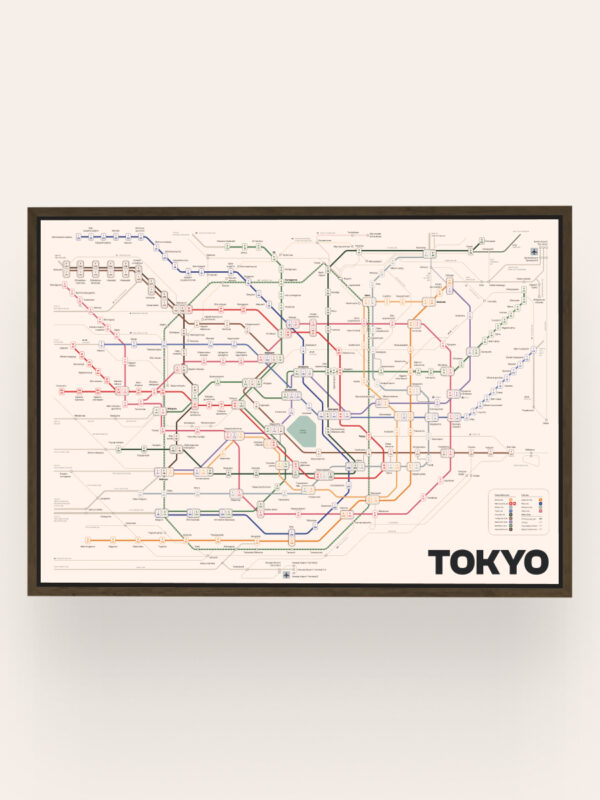 Plan encadré du métro de Tokyo, présentant les lignes et les noms des stations en différentes couleurs. En bas à droite, le mot ' TOKYO ' apparaît en lettres capitales sur fond clair.