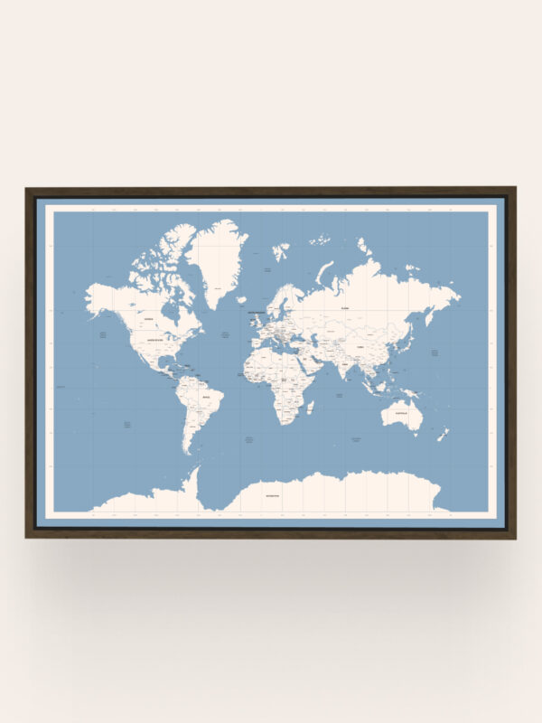 World-Map-Blue A framed world map with a blue background and white landmasses. The map features geographical details and grid lines, displayed against a light-colored backdrop.