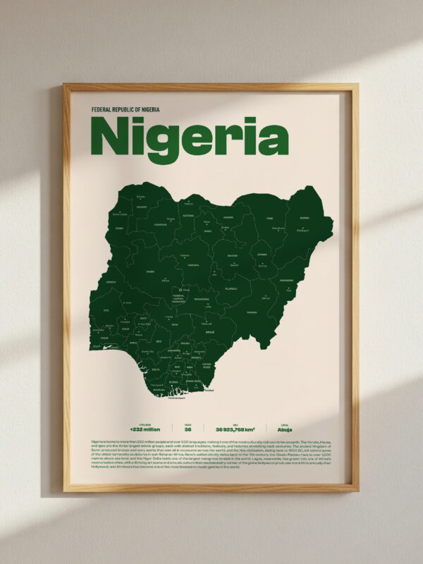 featured-image-2 A framed wall art print of Nigeria, outlined in green on a light background, showing its states and regions with labeled borders. The title 'Nigeria' is prominently displayed at the top.